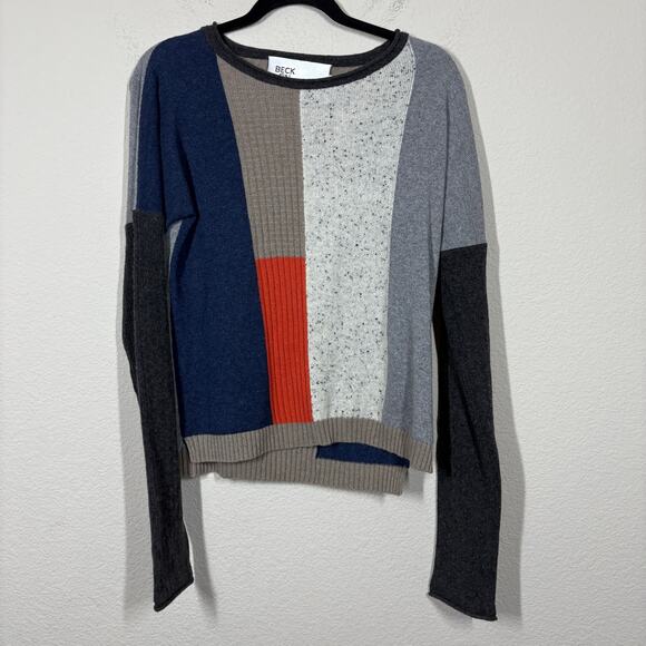 BECKEN Small Cashmere Wool Patched Sweater Colorblock Crew Neck Long Sleeves - Picture 1 of 8